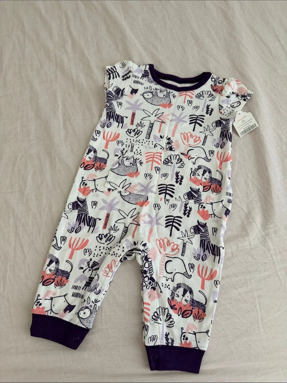 New Baby Graphic Animal One-Piece Romper in White with Coral and Purple Accents